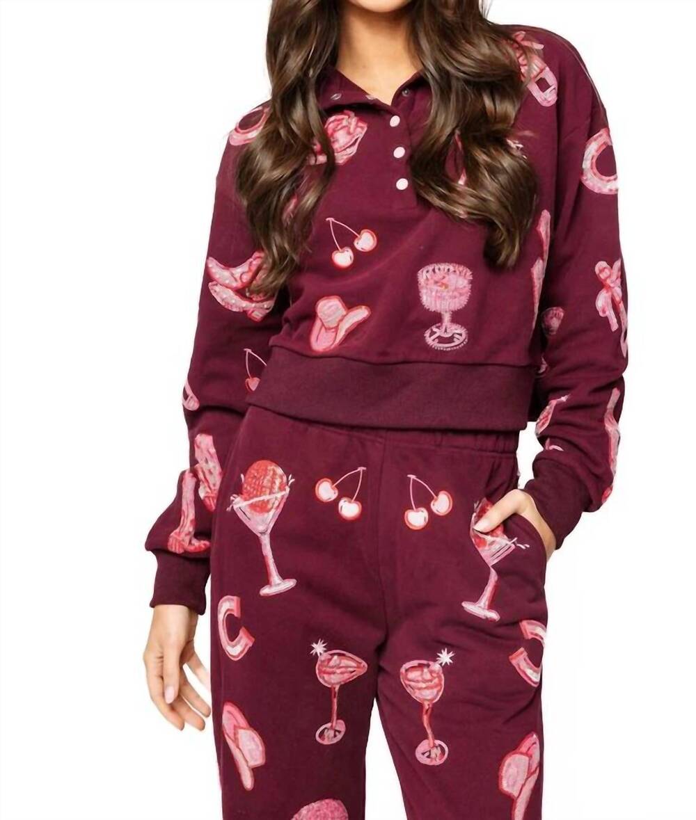 NEW QUEEN OF SPARKLES disco cowgirl icon henley sweatshirt in dark plum & pink